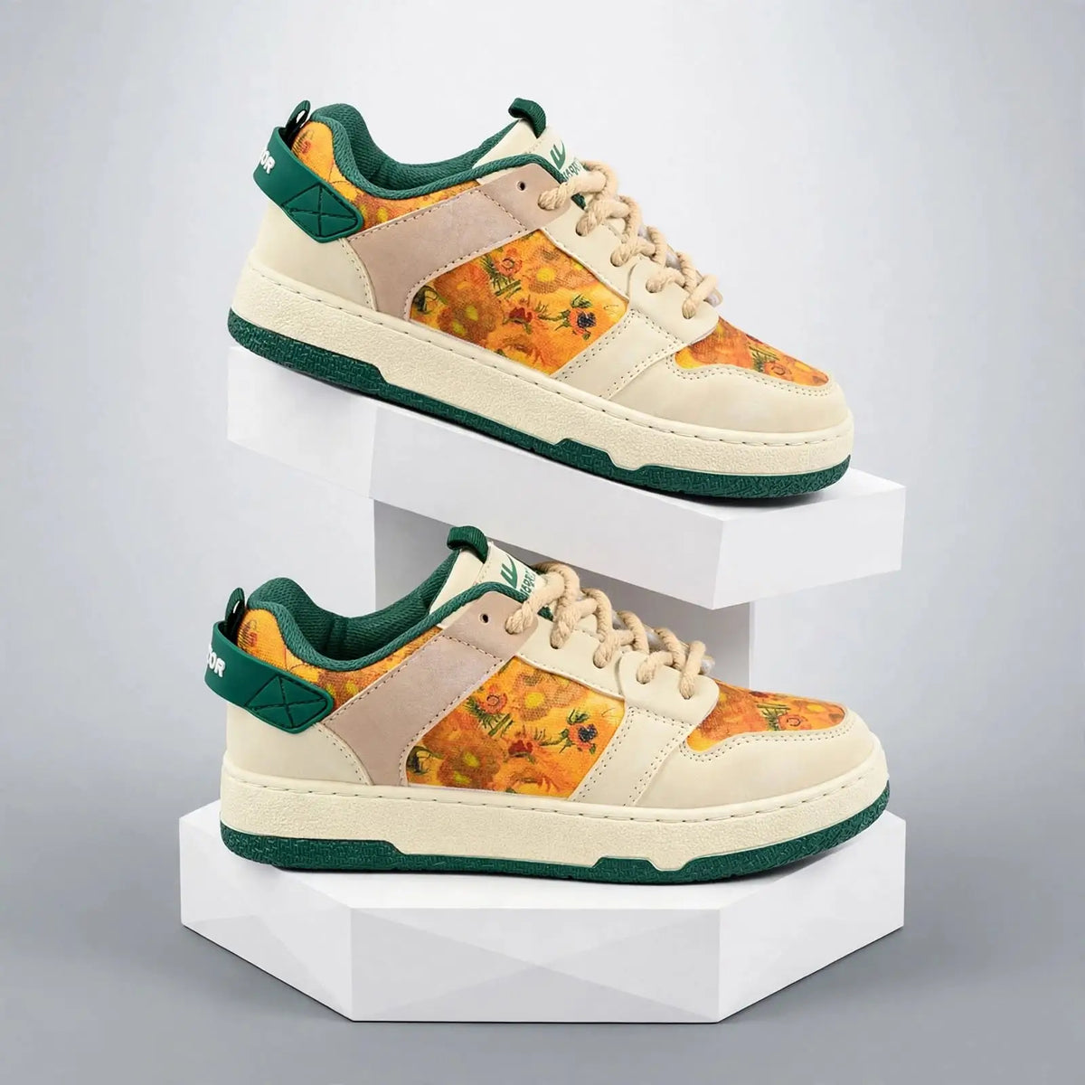 Floral Canvas Retro Sneakers – Cream & Green - Oil Painting