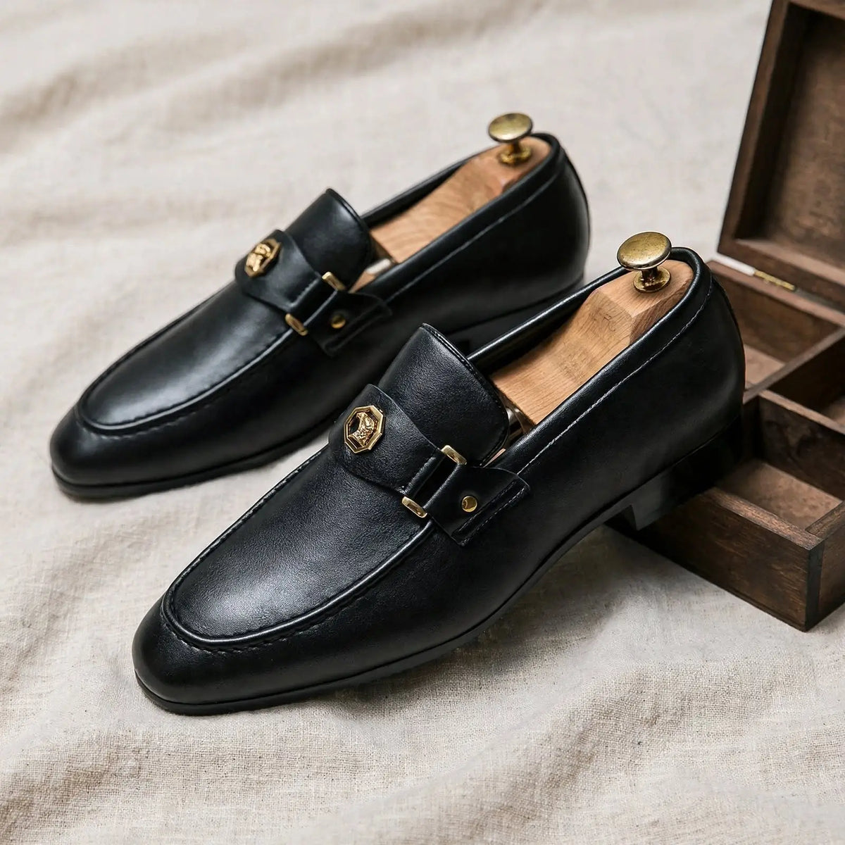 Men's Classic Gold Emblem Loafers -Slip-On