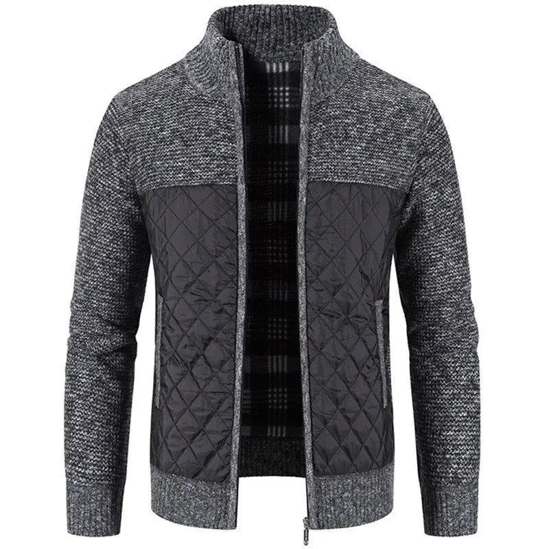 Men's Quilted Panel Zip-Up Knit Cardigan – Stand Collar Sweater