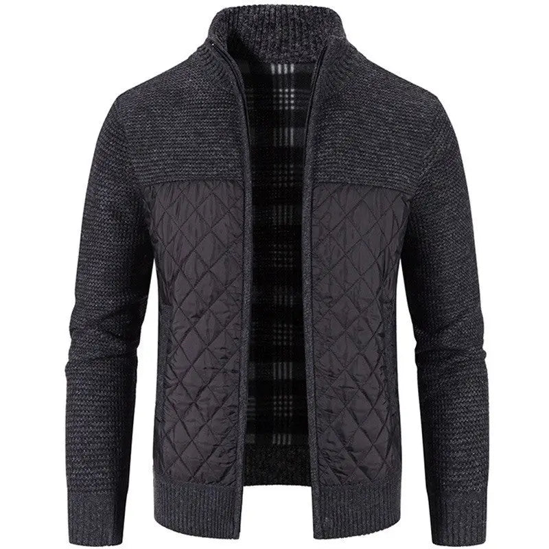 Men's Quilted Panel Zip-Up Knit Cardigan – Stand Collar Sweater