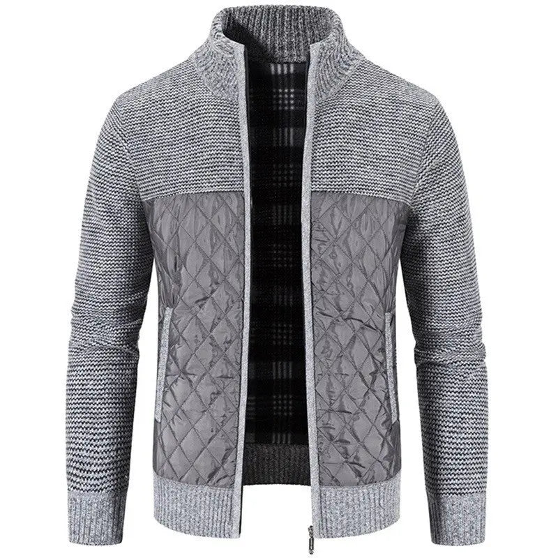 Men's Quilted Panel Zip-Up Knit Cardigan – Stand Collar Sweater