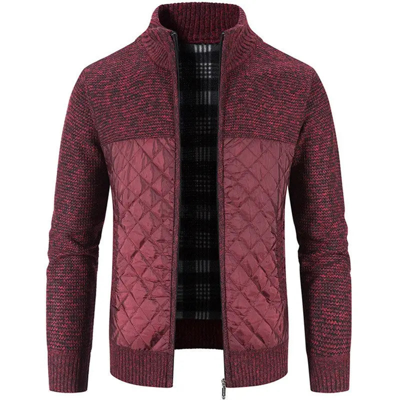 Men's Quilted Panel Zip-Up Knit Cardigan – Stand Collar Sweater