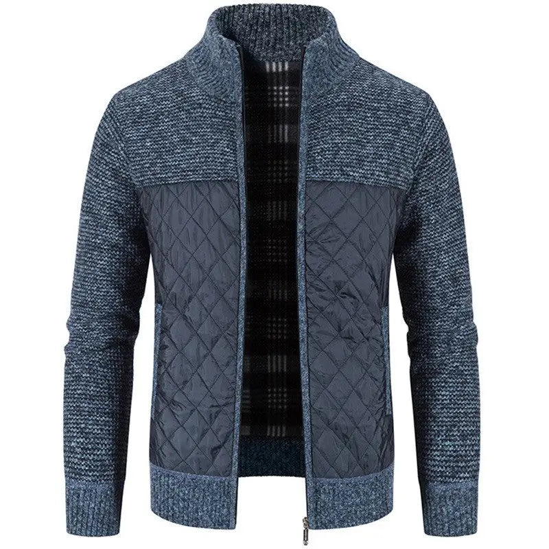 Men's Quilted Panel Zip-Up Knit Cardigan – Stand Collar Sweater
