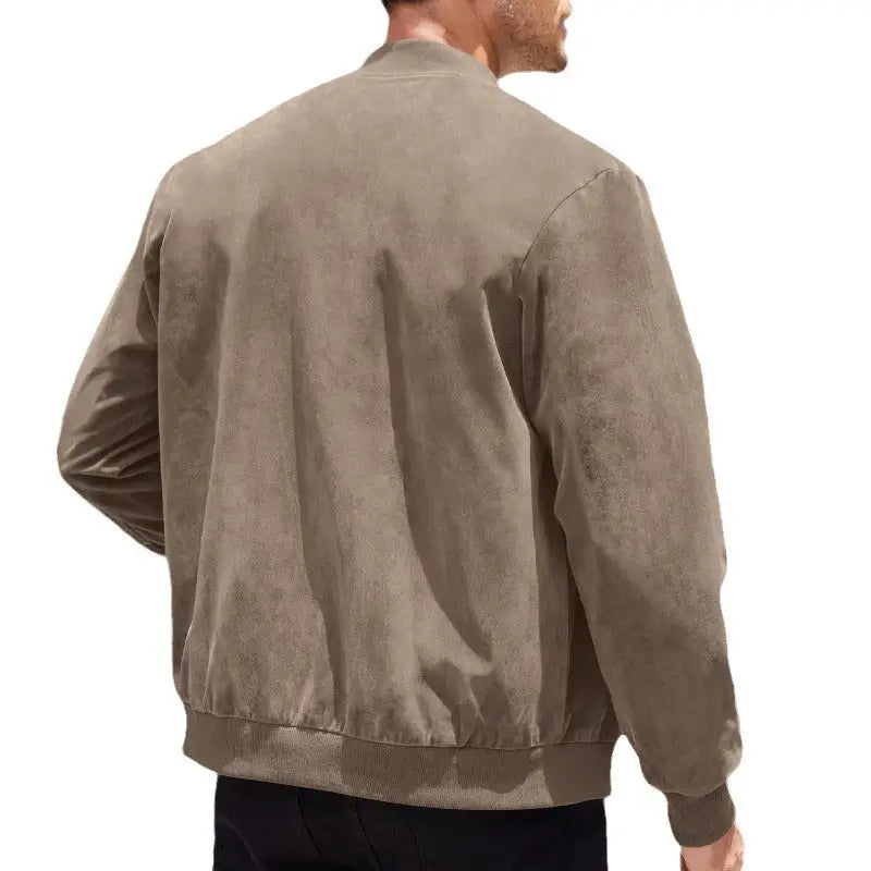 Men's Suede-Look Zip-Up Bomber Jacket – Casual Stand Collar