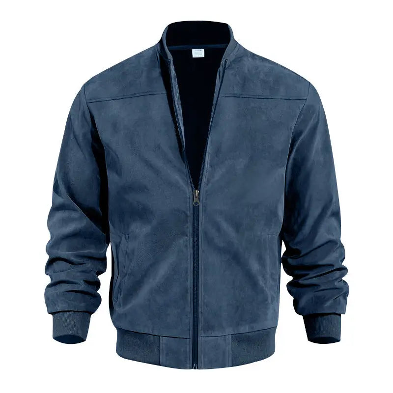 Men's Suede-Look Zip-Up Bomber Jacket – Casual Stand Collar