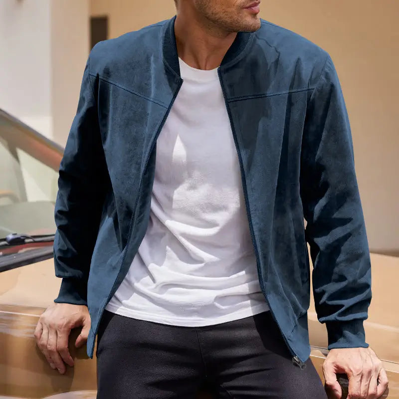 Men's Suede-Look Zip-Up Bomber Jacket – Casual Stand Collar