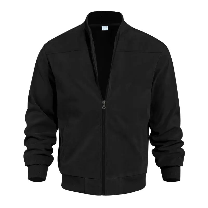Men's Suede-Look Zip-Up Bomber Jacket – Casual Stand Collar