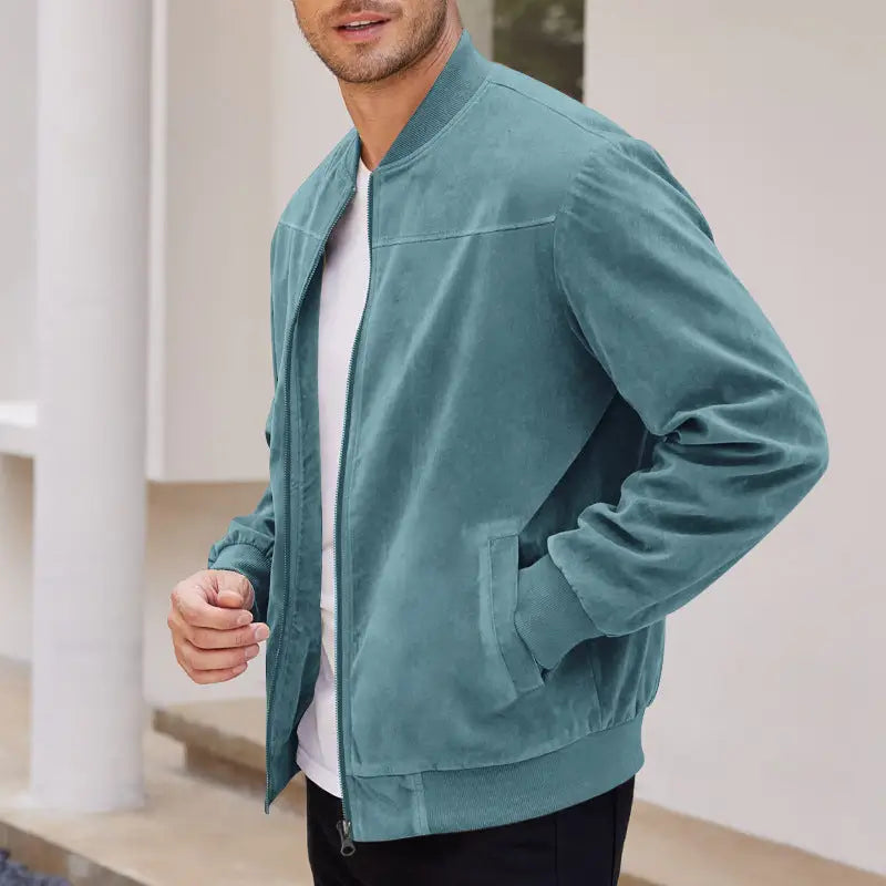 Men's Suede-Look Zip-Up Bomber Jacket – Casual Stand Collar