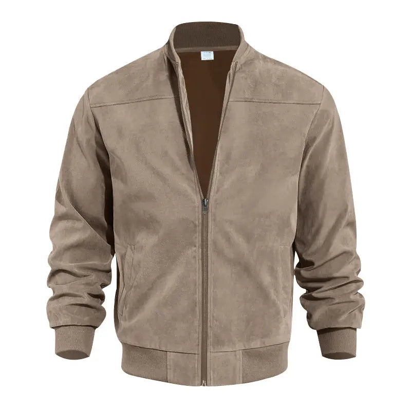 Men's Suede-Look Zip-Up Bomber Jacket – Casual Stand Collar