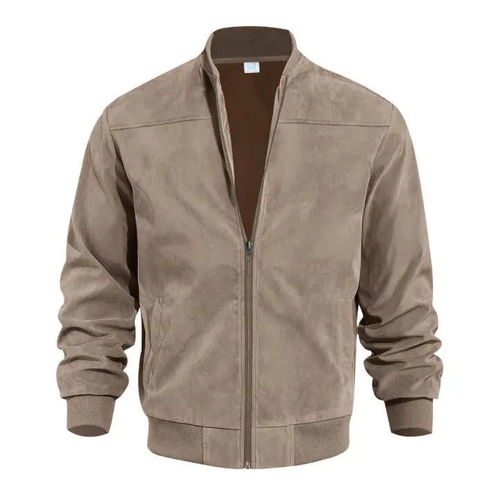 Men's Suede-Look Zip-Up Bomber Jacket – Casual Stand Collar