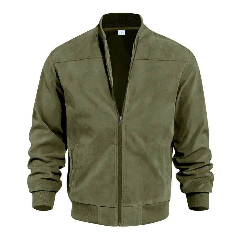 Men's Suede-Look Zip-Up Bomber Jacket – Casual Stand Collar