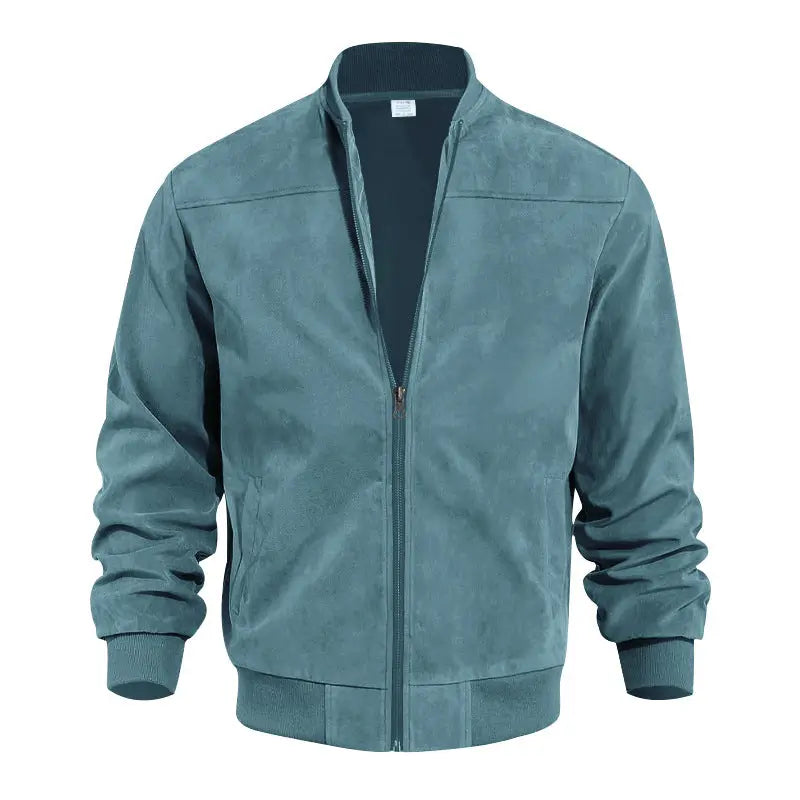 Men's Suede-Look Zip-Up Bomber Jacket – Casual Stand Collar