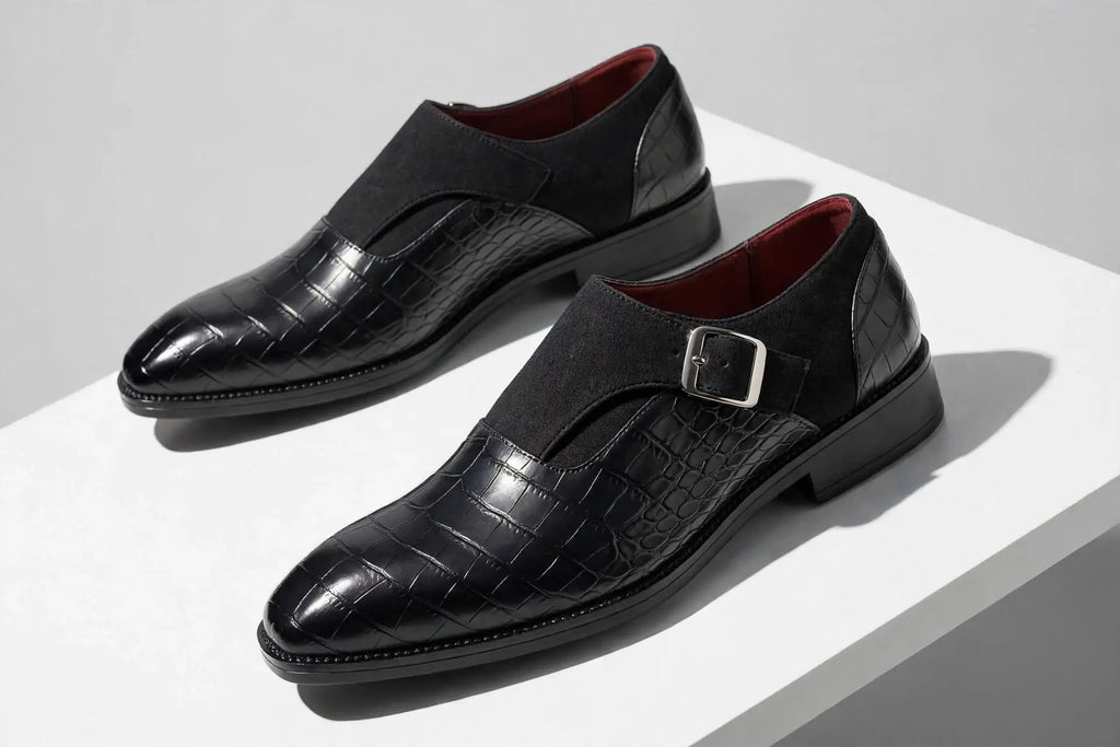 Royal Crest Croc-Embossed Monk Strap Leather  Shoes