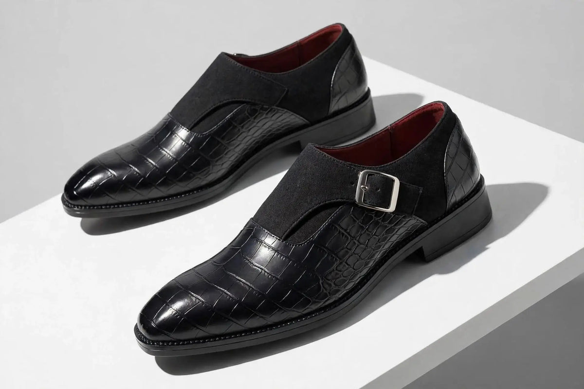 Royal Crest Croc-Embossed Monk Strap Leather  Shoes