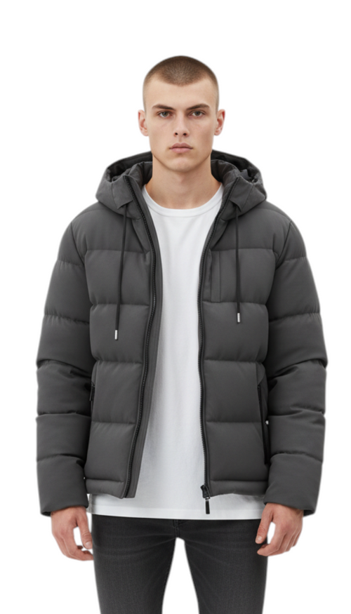 SHOERIZ men's dark grey hooded puffer jacket with quilted padding, drawstring hood, and full-length front zipper.