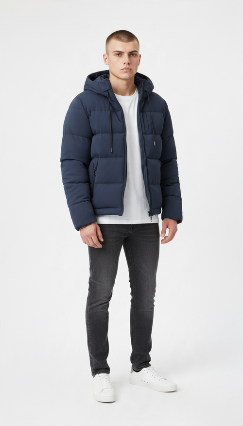 SHOERIZ men's navy blue quilted puffer jacket with a drawstring hood and zippered pockets worn over a white t-shirt.