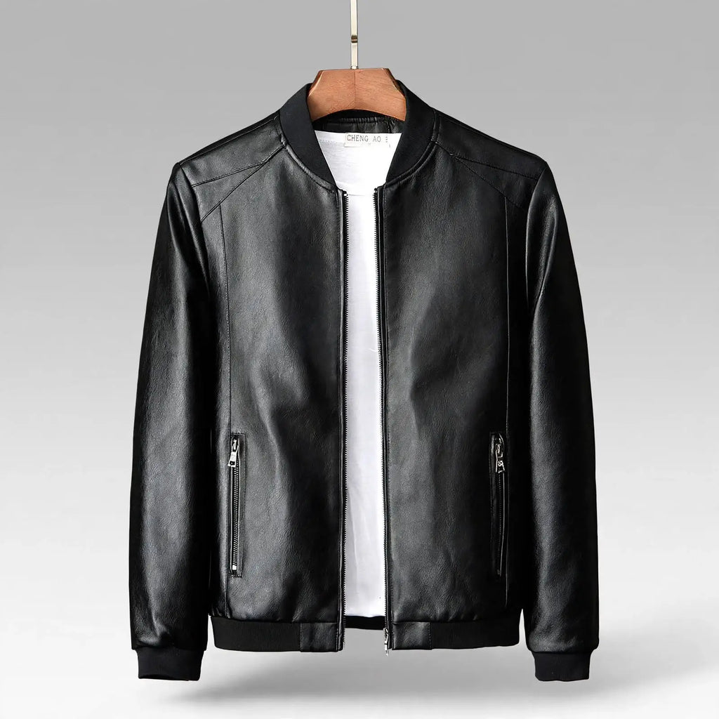 Men's Leather-Style Stand Collar Jacket – Classic Zip-Up Outerwear