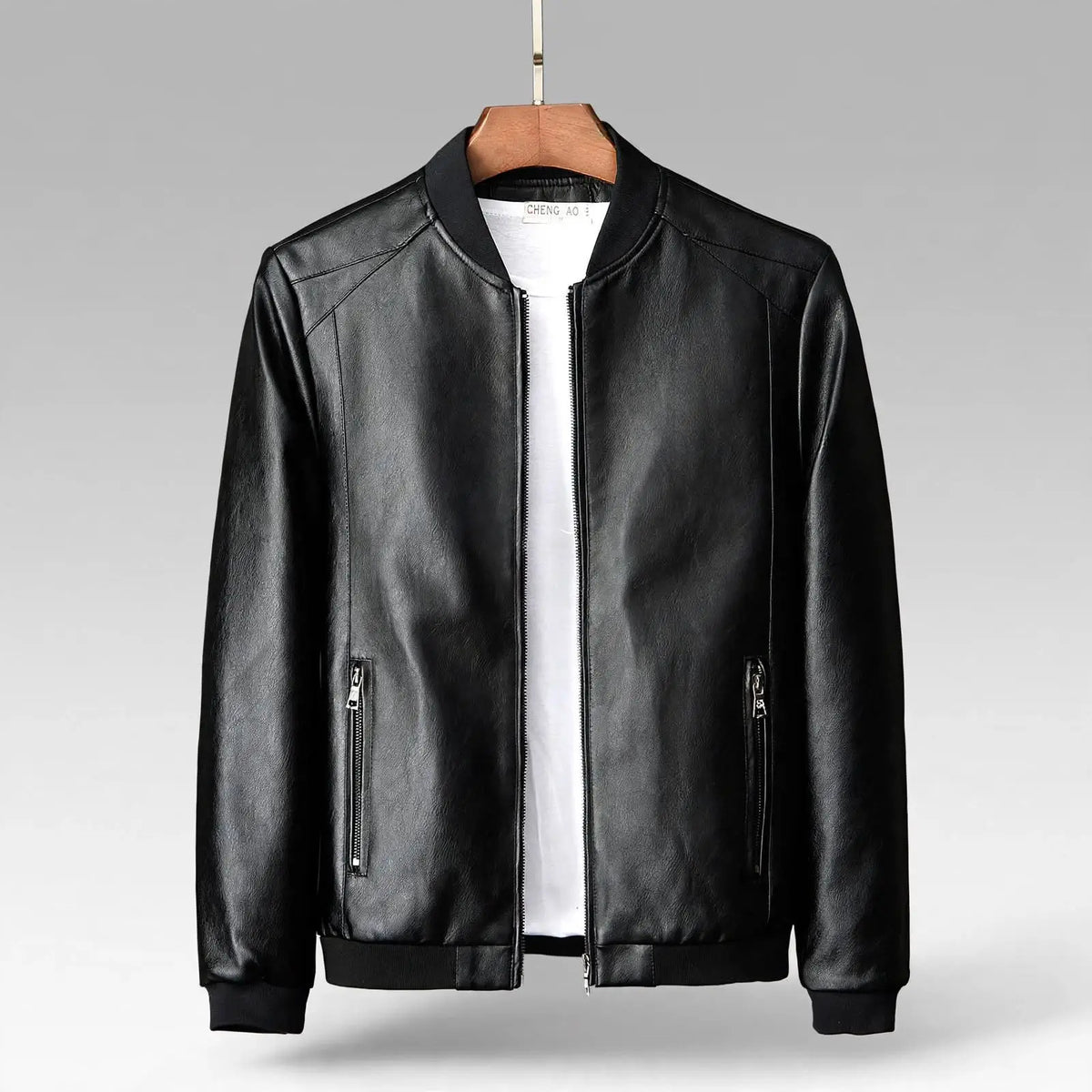 Men's Leather-Style Stand Collar Jacket – Classic Zip-Up Outerwear