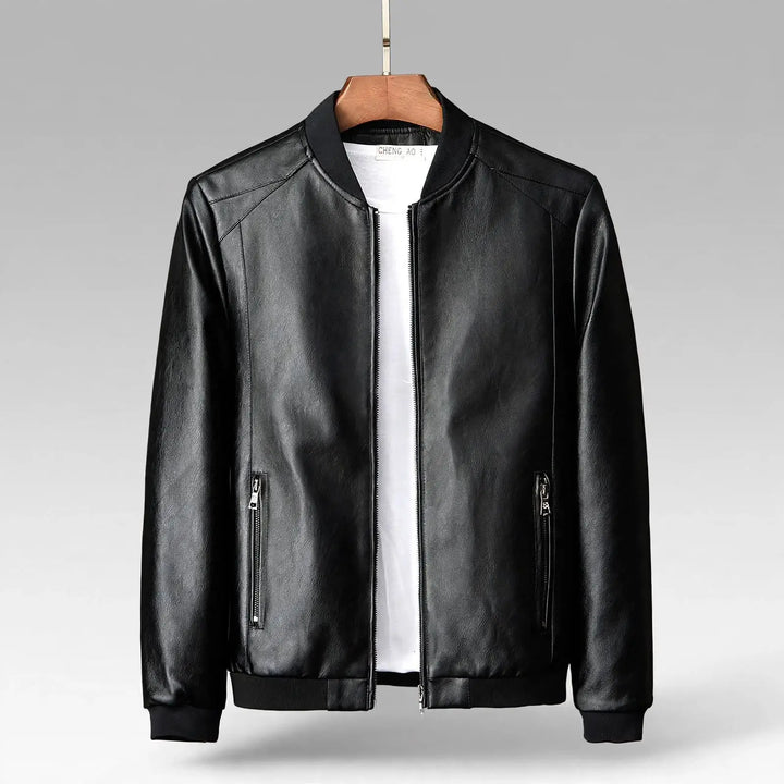 Men's Leather-Style Stand Collar Jacket – Classic Zip-Up Outerwear