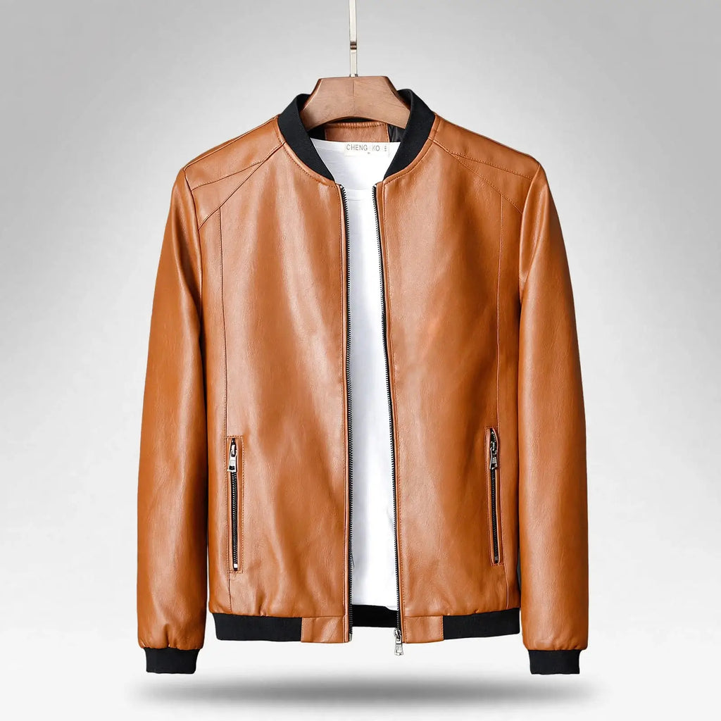 Men's Leather-Style Stand Collar Jacket – Classic Zip-Up Outerwear