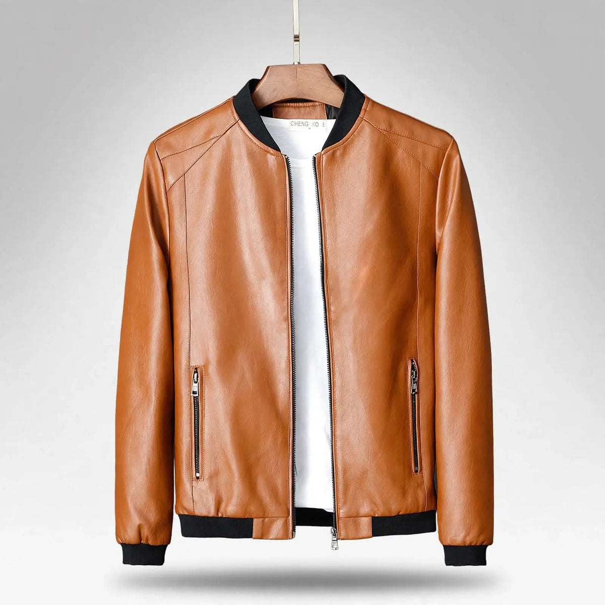 Men's Leather-Style Stand Collar Jacket – Classic Zip-Up Outerwear