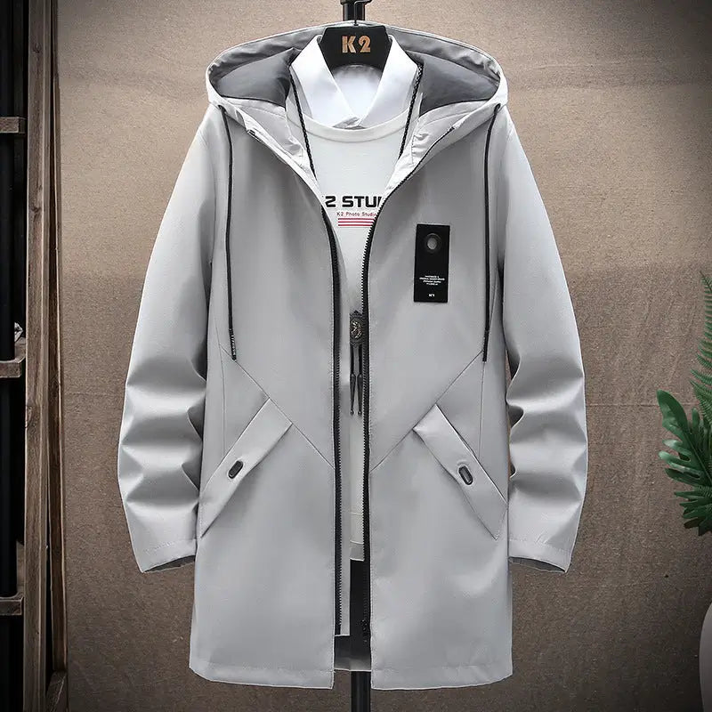 Men's Hooded Mid-Length Casual Jacket – Lightweight Windbreaker Coat
