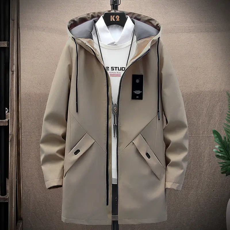 Men's Hooded Mid-Length Casual Jacket – Lightweight Windbreaker Coat