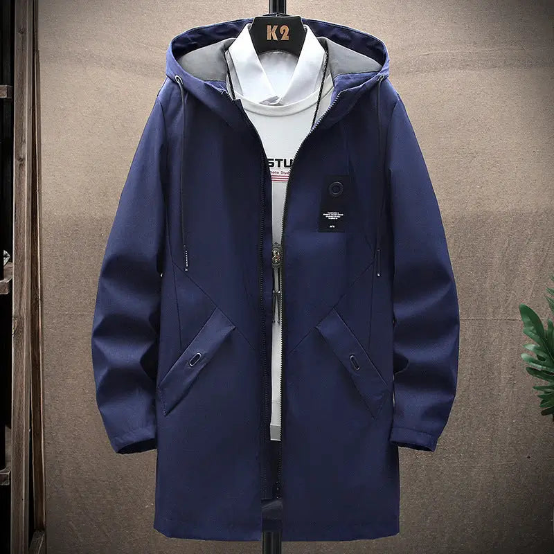 Men's Hooded Mid-Length Casual Jacket – Lightweight Windbreaker Coat