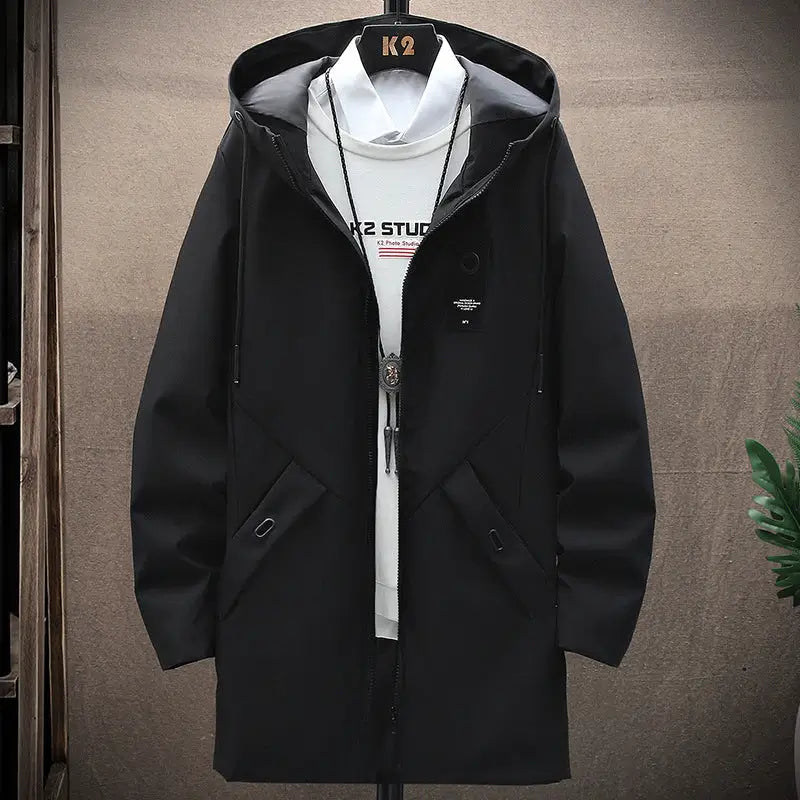 Men's Hooded Mid-Length Casual Jacket – Lightweight Windbreaker Coat