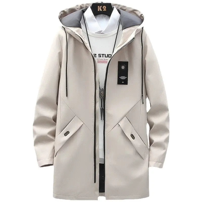 Men's Hooded Mid-Length Casual Jacket – Lightweight Windbreaker Coat